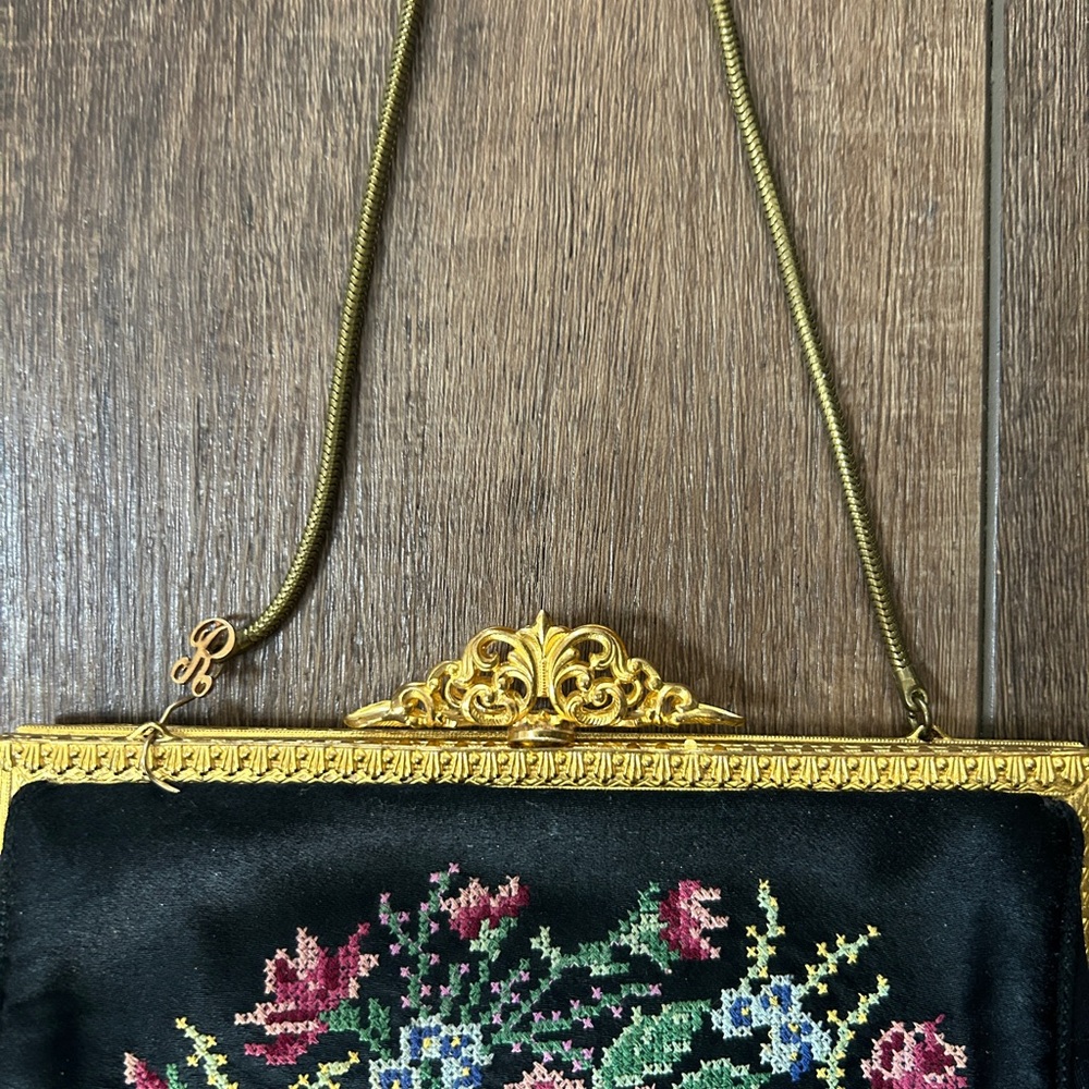 Vintage Petit Point Floral Evening Bag | Black Satin Gold Ornate Frame - Picture 2 of 4